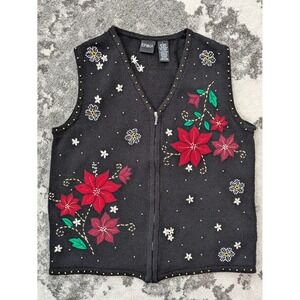 VTG Erika Christmas Sweater Vest Beaded Embroidered Holiday Poinsettia